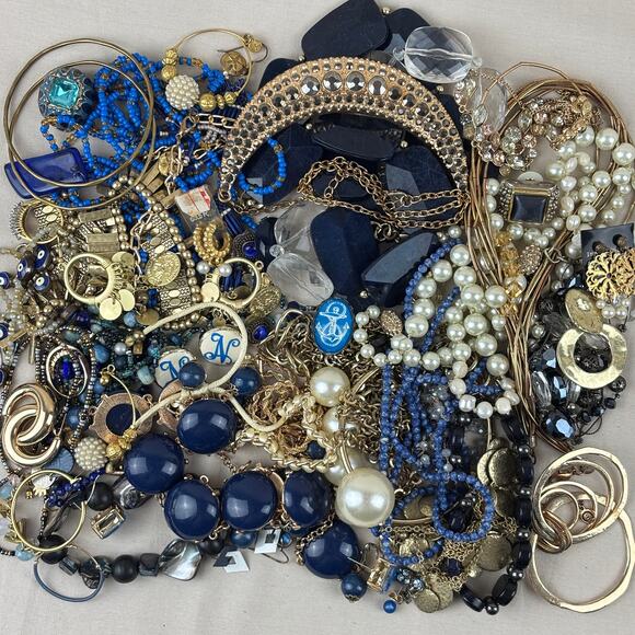Craft Jewelry Lot - 2 lbs Navy Gold Tone Chunky Stones Rhinestones Faux Pearls - Picture 1 of 12